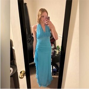 Blondie Nites Beaded Halter Maxi Dress in Turquoise